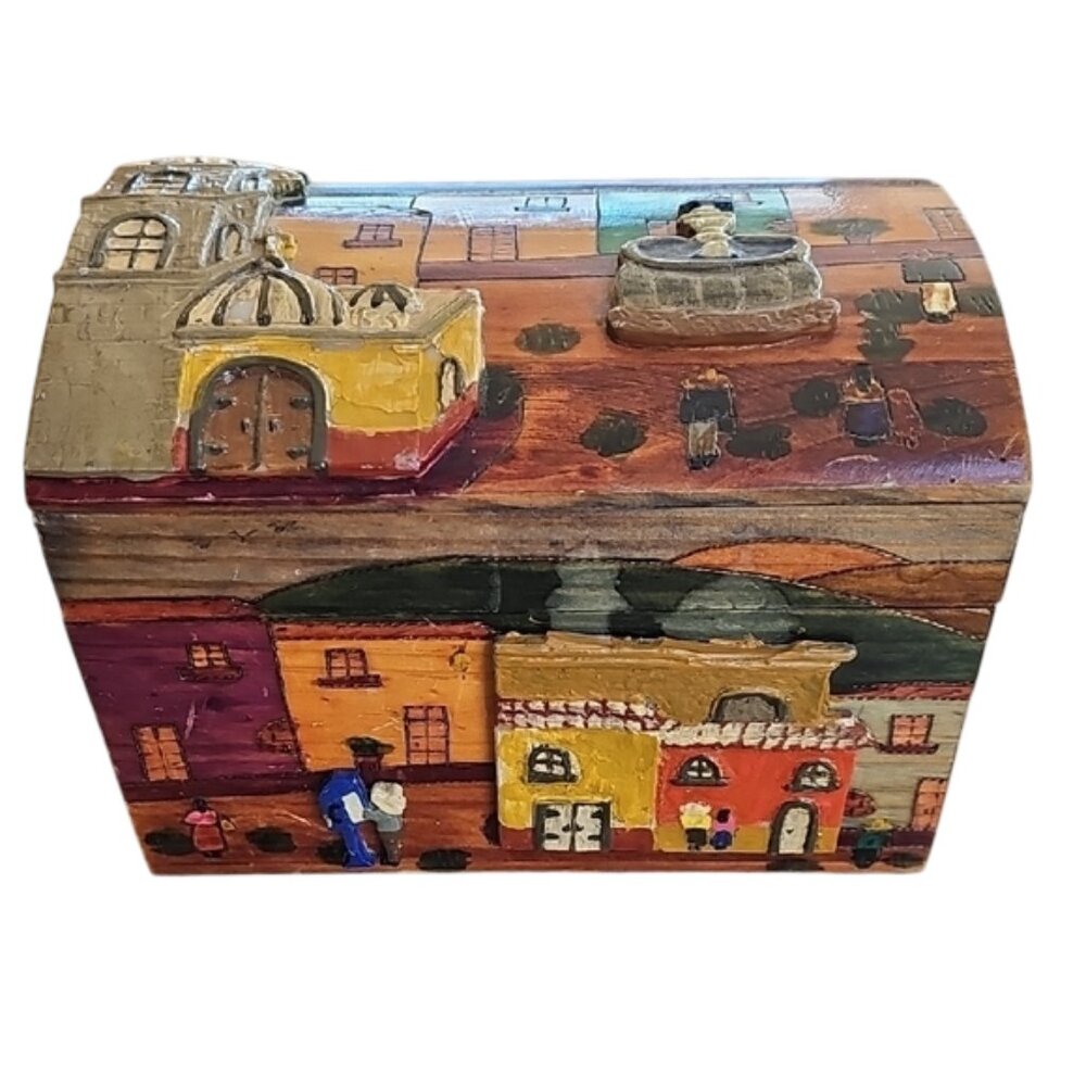 Vintage folk art Colorful Hand-Painted Wooden hinged domed Box decor storage